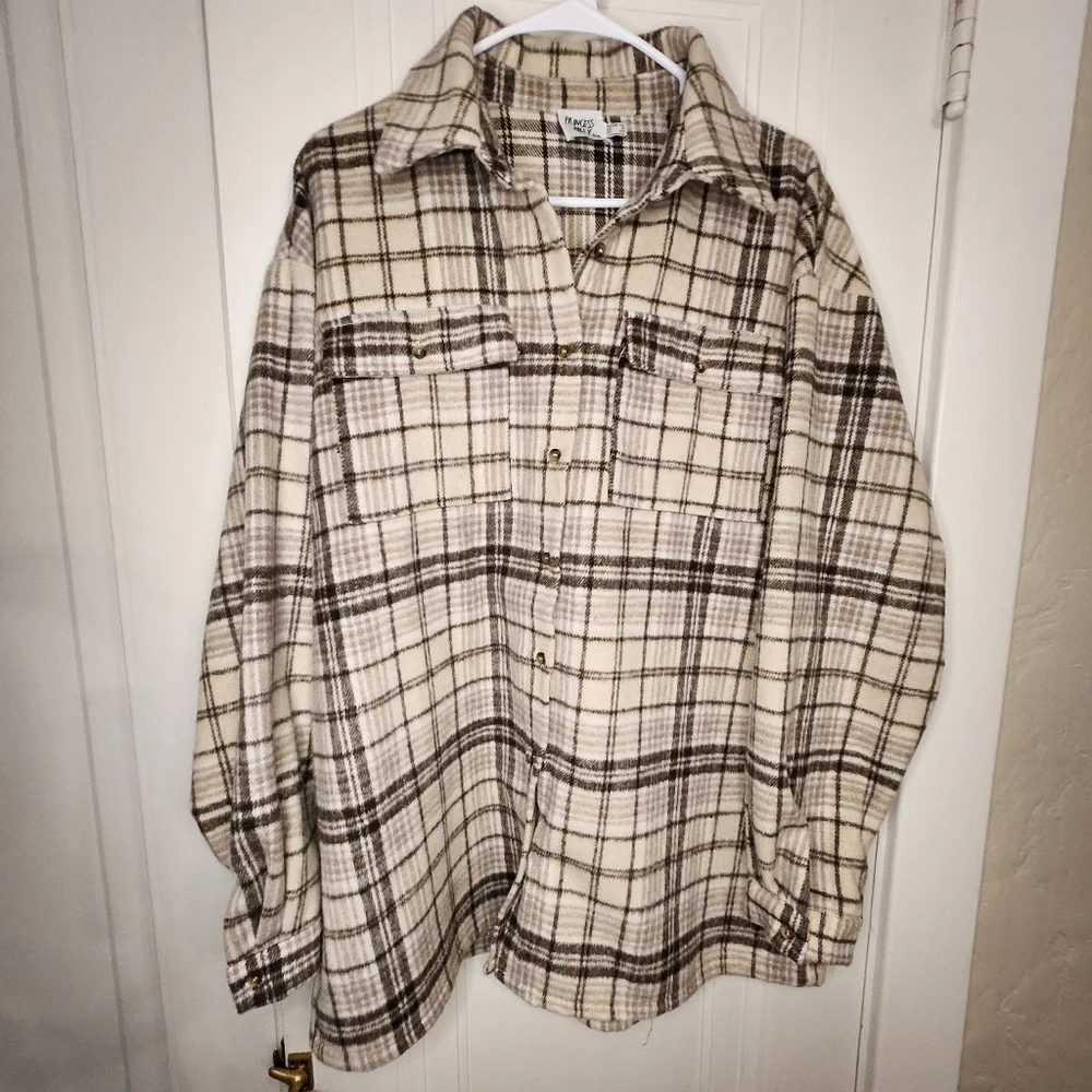 Princess Polly Willa Shirt Beige Women's Sz 8 Button Up Shacket Tan Brown Wool - Picture 4 of 11